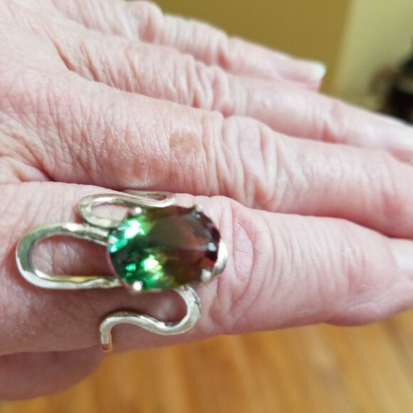 Handcrafted .925 Sterling Silver Hammered Thin Swirl Ring Lg Watermelon Quartz 9 - Picture 2 of 7